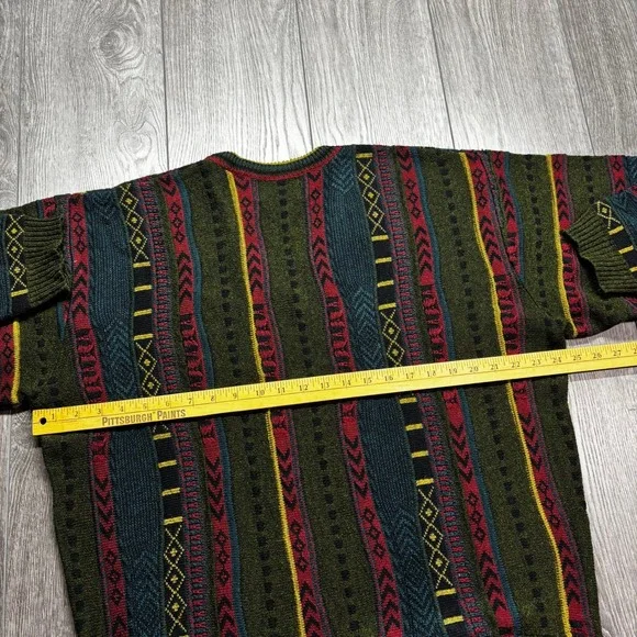 Hyde Park Mens Vintage 3D Knit Sweater V-Neck Green Red Striped 3D Style L - Picture 7 of 8